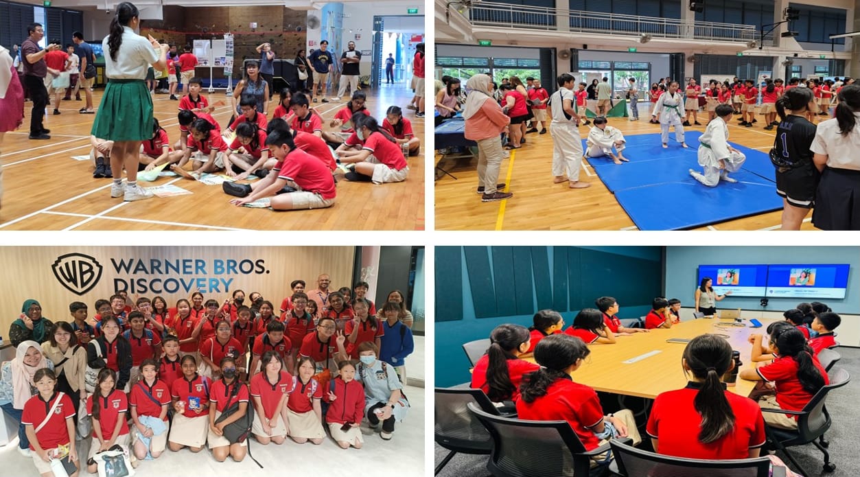 Four photos: students in red shirts doing activities in a gym, posing at Warner Bros. Discovery, and in a meeting room.